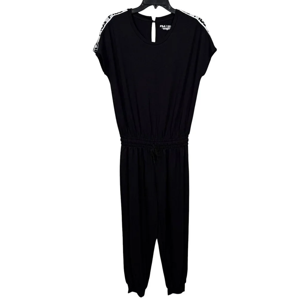 FILA Jumpsuit Womens Small Black 90s Logo Rayon Elastic Waist Stretch Casual - Picture 1 of 5